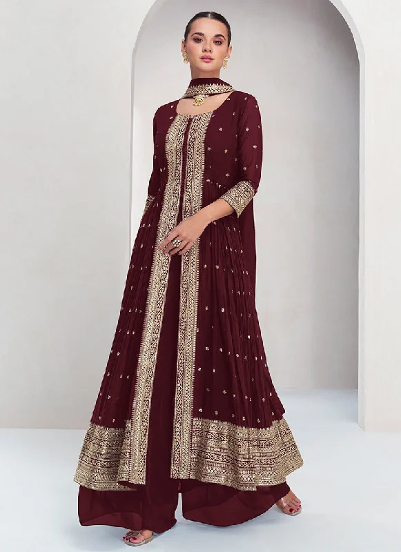 Maroon Embroidery Traditional Palazzo Suit