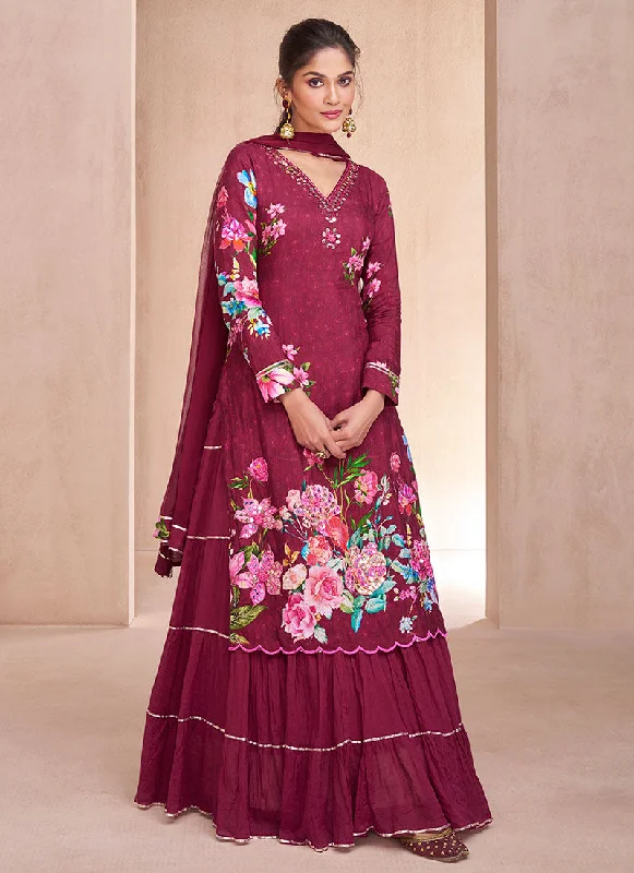 Maroon Multi Embroidery Printed Lehenga Kurti