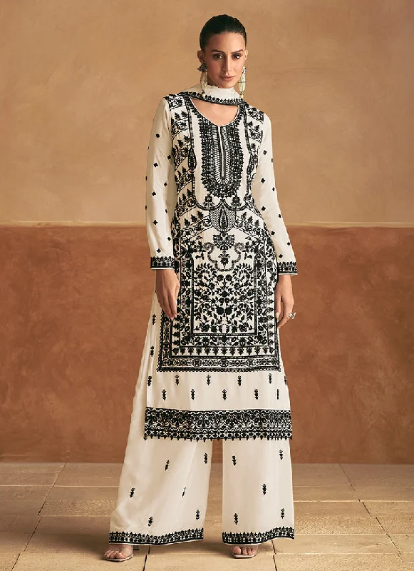 Off White Resham Thread Embroidery Palazzo Style Suit