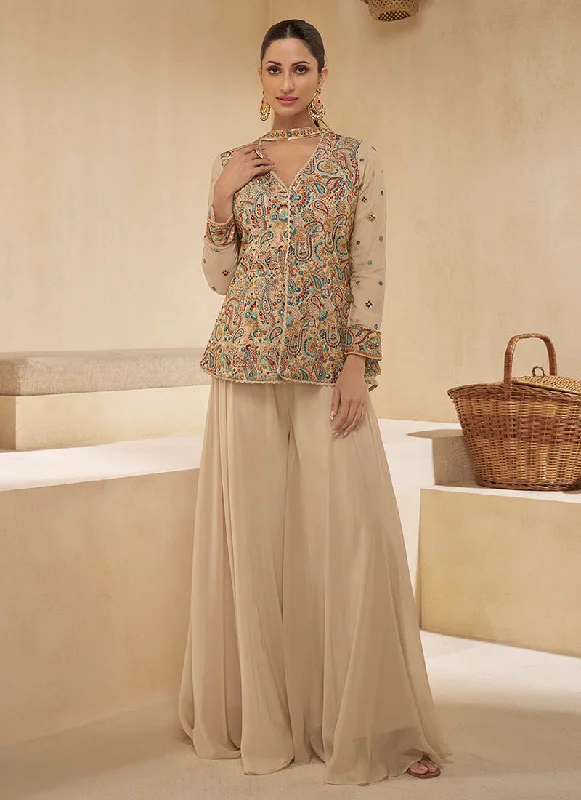 Pastel Brown Multi Embroidery Party Wear Sharara Suit