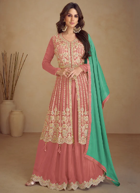 Peach And Green Traditional Embroidered Wedding Anarkali Lehenga