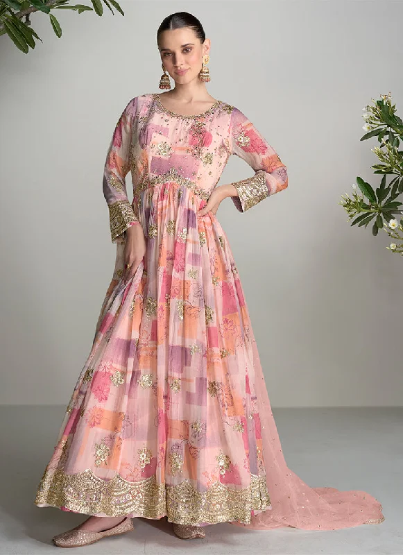 Peach And Pink Digital Printed Handwork Embroidered Anarkali Gown