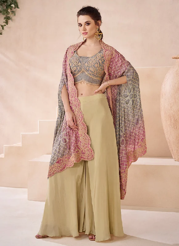 Pink And Beige Thread Embroidery Cape Style Palazzo Set