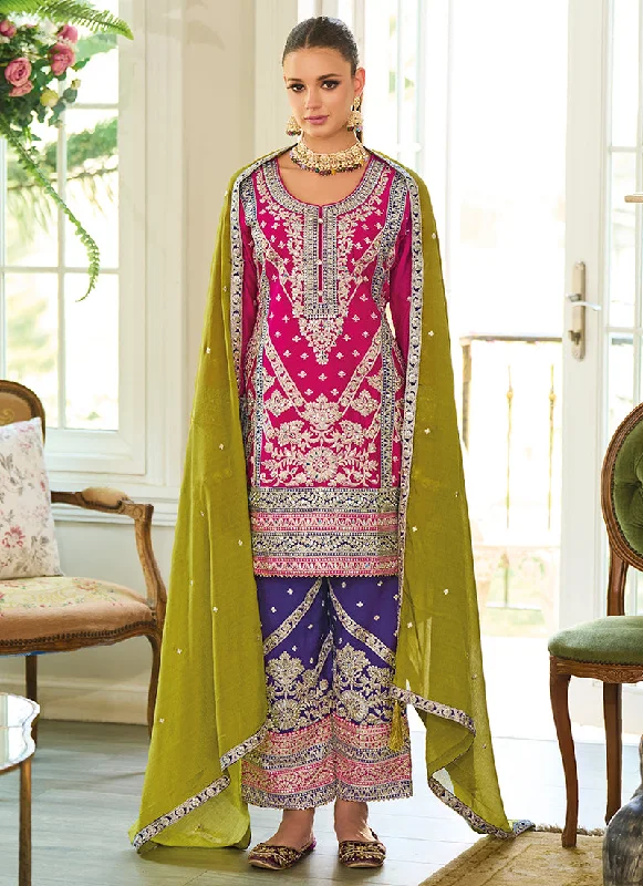 Pink And Purple Multicolored Embroidery Palazzo Style Suit