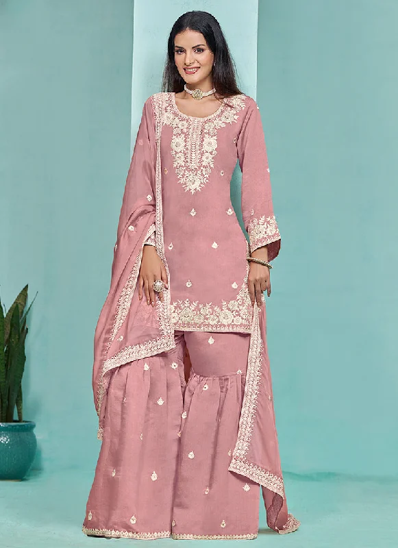 Pink Designer Embroidery Wedding Gharara Suit