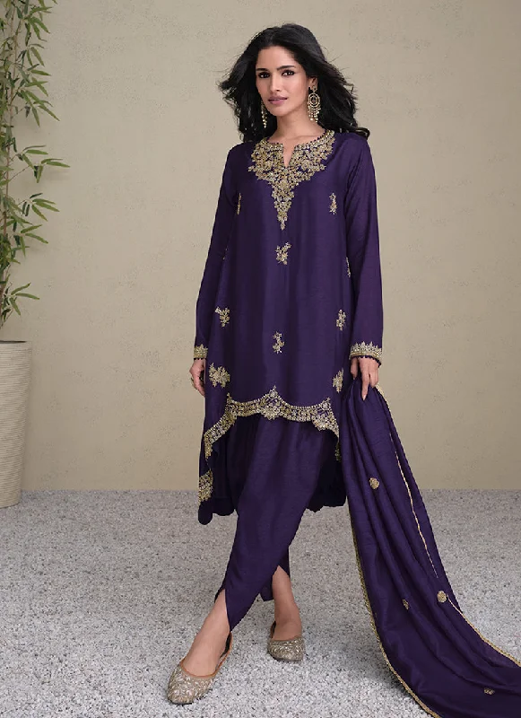 Purple Embroidered Asymmetrical Pant Style Suit