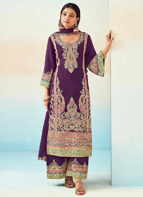 Purple Embroidered Traditional Palazzo Style Salwar Suit