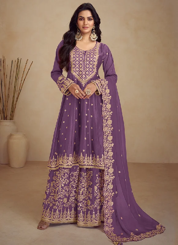 Purple Embroidery Anarkali Sharara Suit