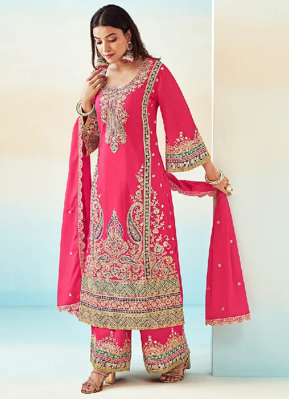 Rani Pink Embroidered Traditional Palazzo Style Salwar Suit