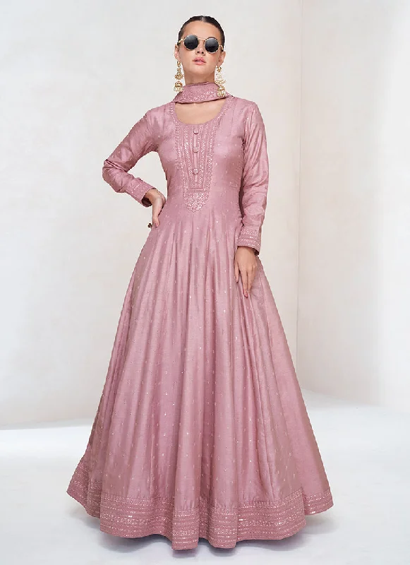 Rose Pink Sequence Embroidery Wedding Anarkali Gown