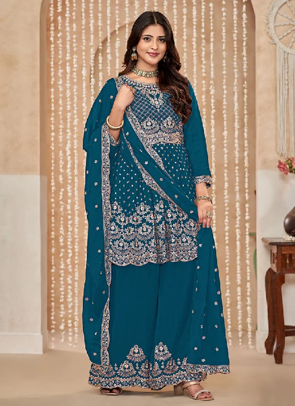 Royal Blue Multi Embroidered Anarkali Gharara Suit