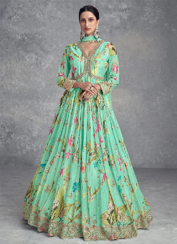 Sea Green Digital Printed Handwork Embroidered Anarkali Gown