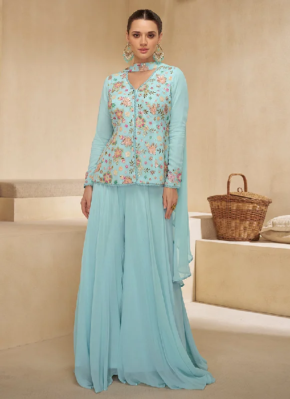 Sky Blue Multi Embroidery Party Wear Sharara Suit