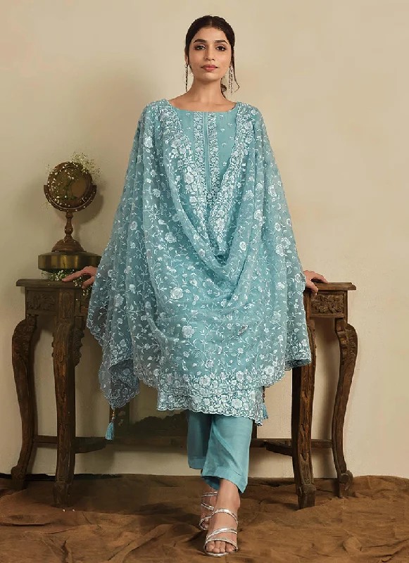 Sky Blue Thread Work Embroidery Pakistani Pant Suit