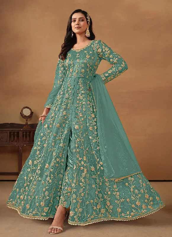 Turquoise Embroidered Slit Style Anarkali Pant Suit