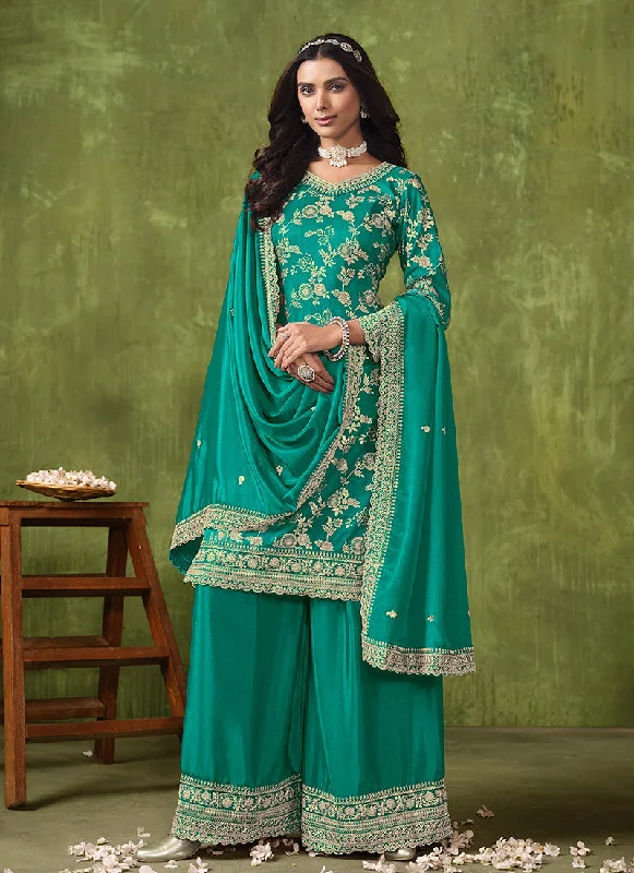 Turquoise Reshamkari Embroidery Traditional Palazzo Suit