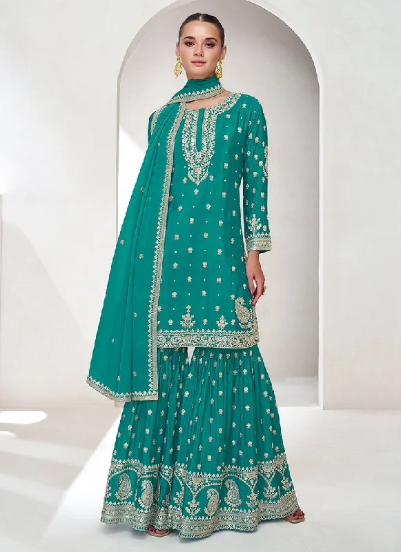 Turquoise Sequence Embroidery Gharara Style Suit