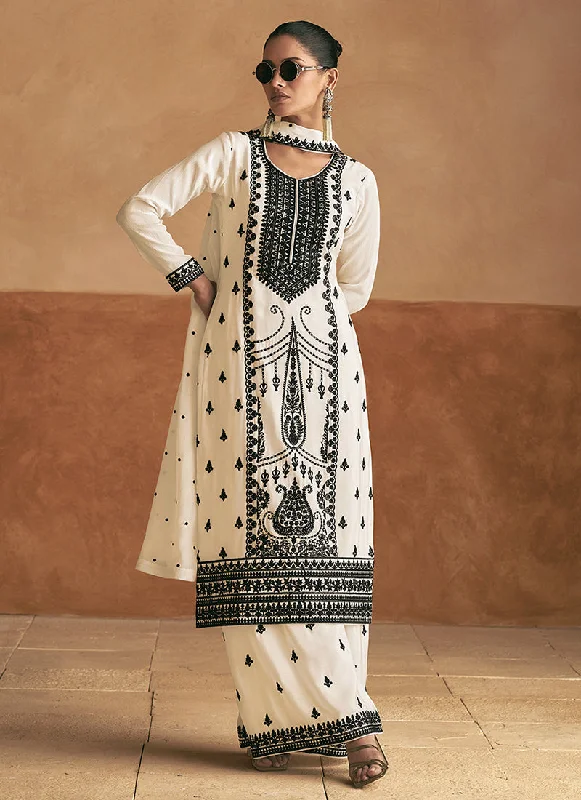 White Resham Thread Embroidery Palazzo Style Suit