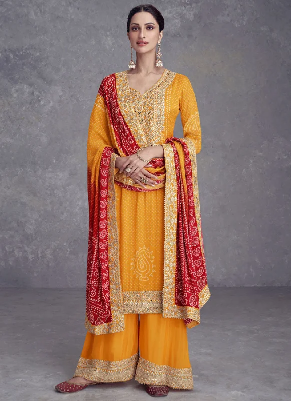 Yellow And Red Mirror Embroidery Bandhani Prited Palazzo Suit