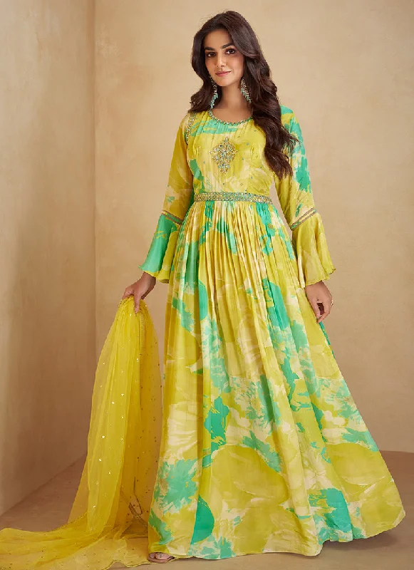 Yellow Floral Printed Handwork Embroidered Anarkali Gown