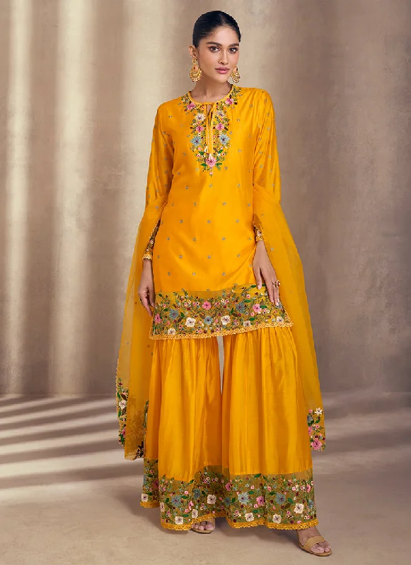 Yellow Multi Floral Embroidery Gharara Style Suit