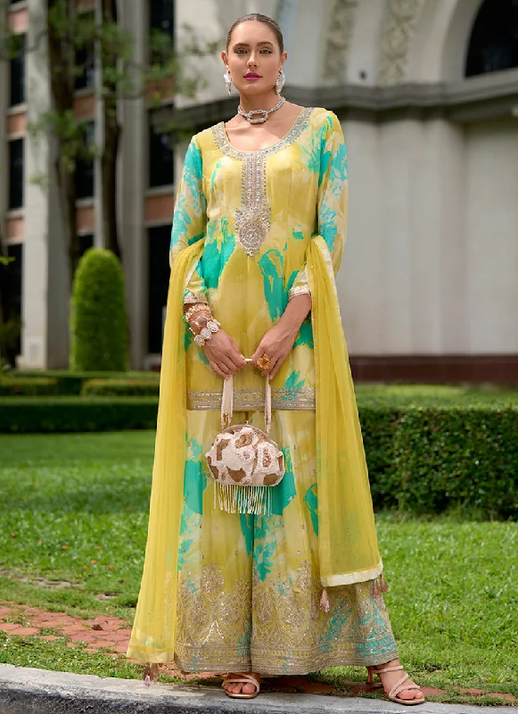 Yellow Multicoloured Sequence Embroidery Printed Palazzo Suit