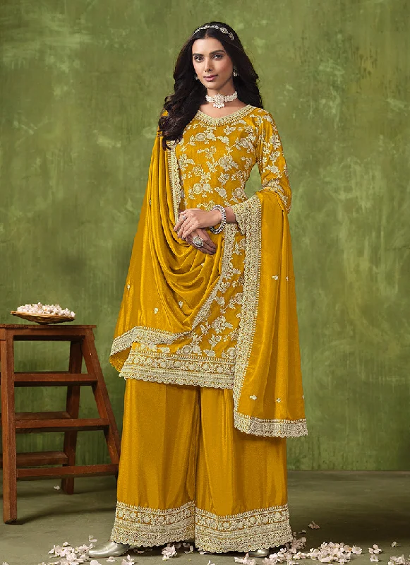 Yellow Reshamkari Embroidery Festive Palazzo Suit