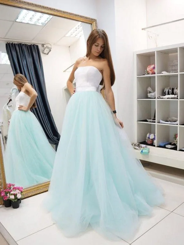 A Line Strapless Two Pieces Floor Length Lace Light Blue Prom, Blue Formal