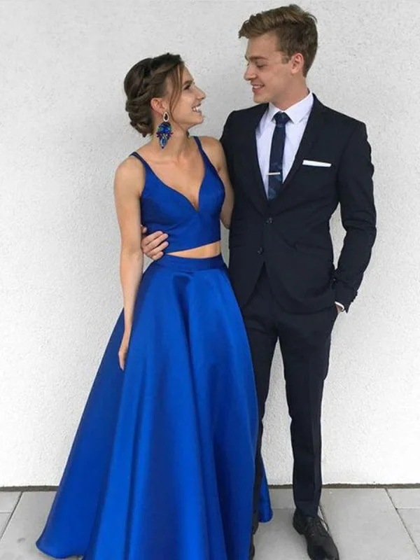 A Line Two Pieces Royal Blue Long Prom, Royal Blue Two Pieces Formal, Two Pieces Royal Blue Graduation