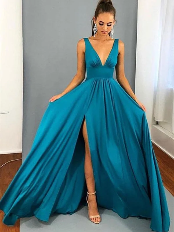 A Line V Neck Blue Long Prom with Leg Slit, V Neck Blue Graduation, Blue Bridesmaid