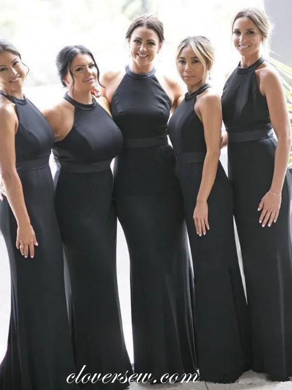 Black Halter Sheath Long Bridesmaid Dresses, CB0183