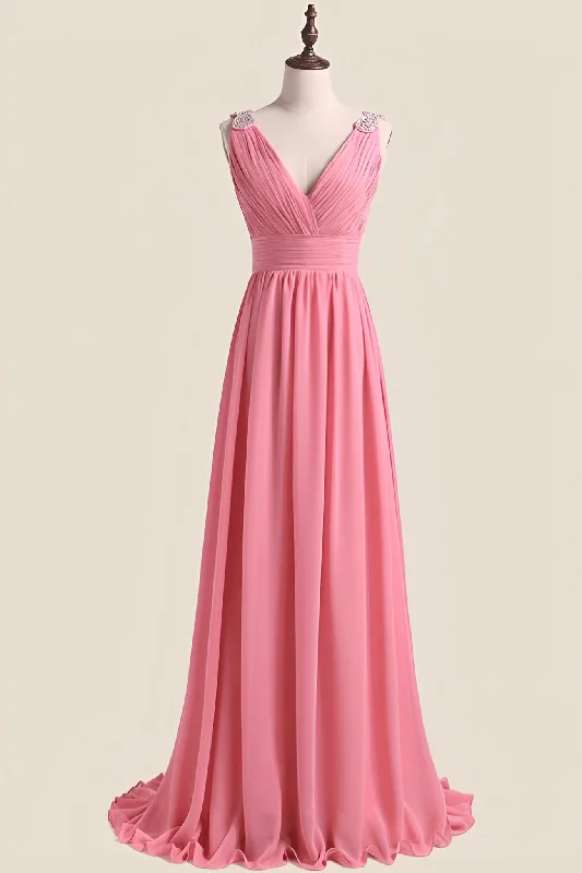 Blush Chiffon Pleated V Neck Long Bridesmaid Dress