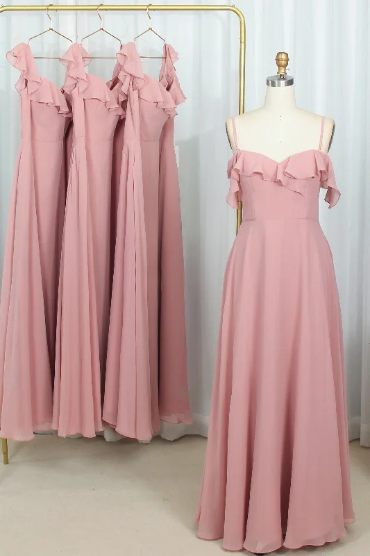 Blush Pink Chiffon Ruffles Long Briedsmaid Dress