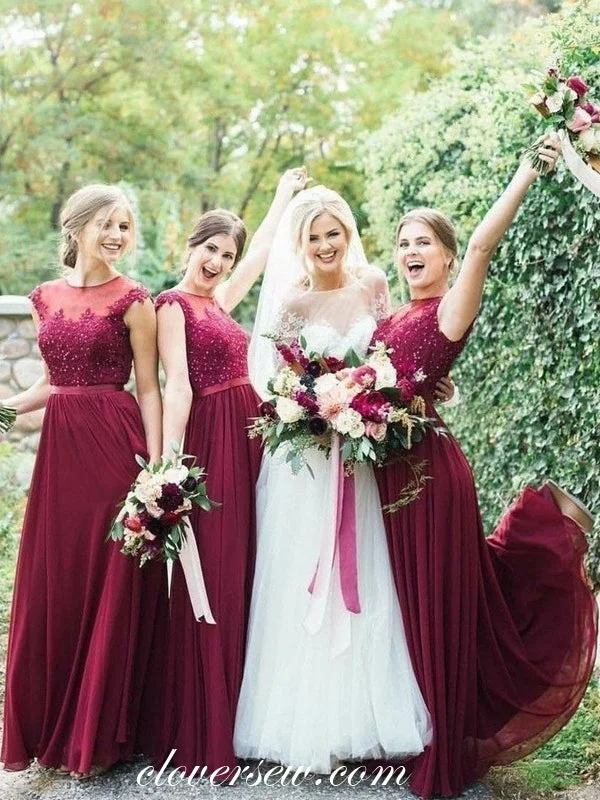 Burgundy Chiffon Bead Applique Cap Sleeves Bridesmaid Dresses, CB0217