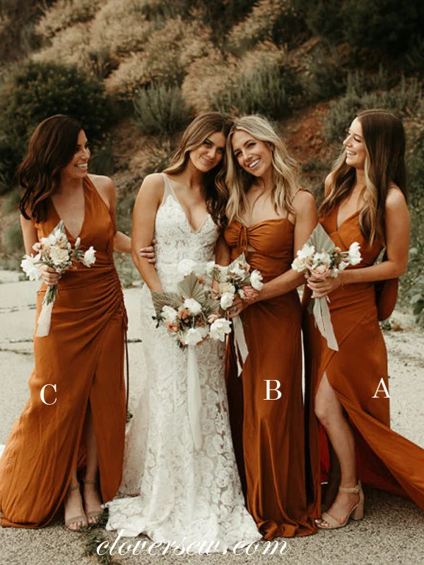 Burnt Orange Chiffon Mismatched Sheath Side Slit Bridesmaid Dresses, CB0228