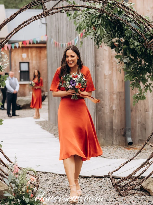 Burnt Orange Half Sleeves V-neck Charming Knee Length Short Bridesmaid Dresses, CB0269