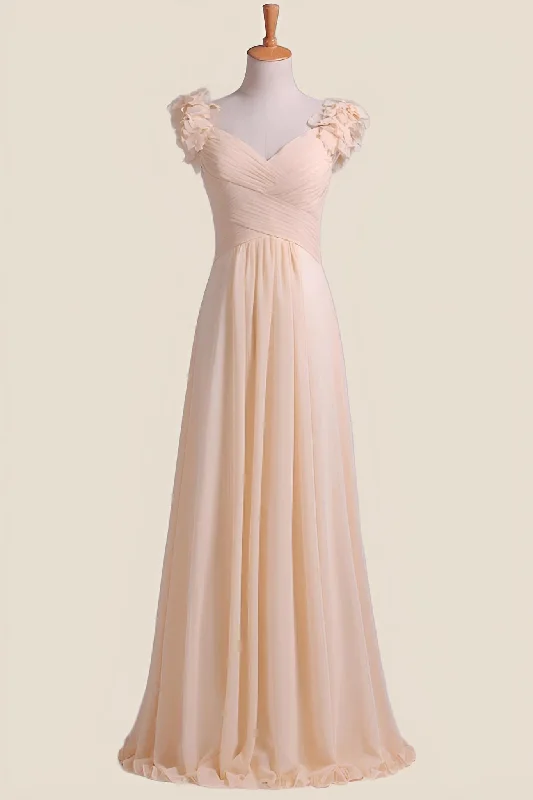 Champagne Pleated Chiffon A-line Long Bridesmaid Dress