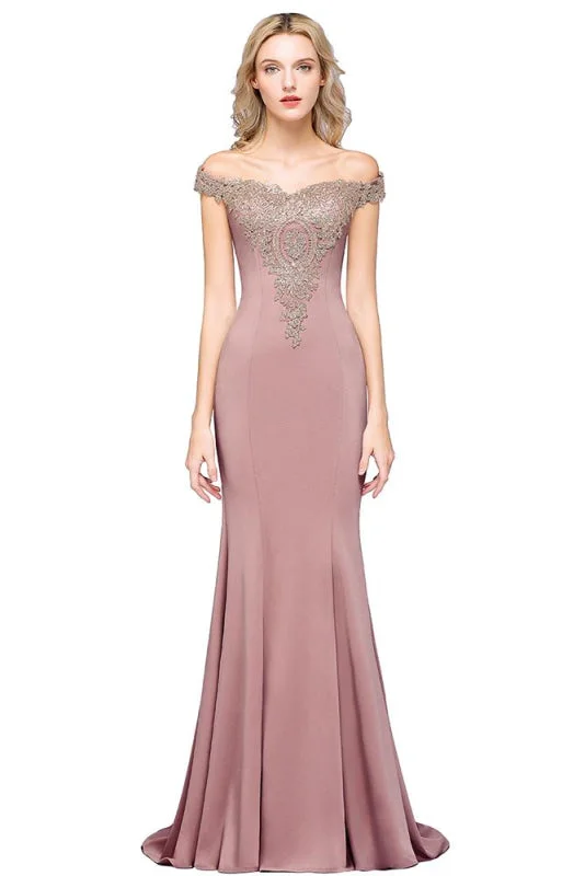 Charming Off-the-Shoulder Mermaid Evening Gown with Gold Appliques Floor Length Party Dress