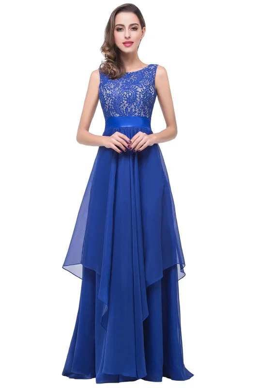 Chic Sleeveless Chiffon Aline Evening Dresses Crew Neck Lace Bridesmaid Dress