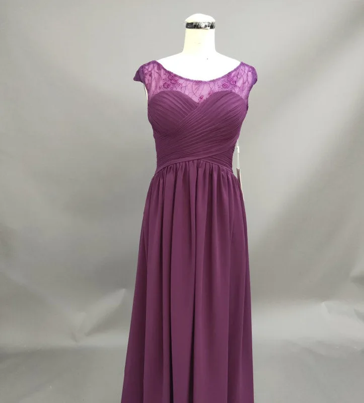 Chiffon Lace Top Ruched Cap-Sleeve A-Line Bridesmaid Dress