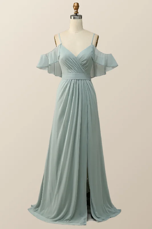 Cold Sleeves Green Chiffon Pleated Long Bridesmaid Dress