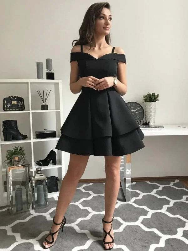 Cute Off Shoulder Layered Black Short Prom, Off Shoulder Layered Black Homecoming, Black Graduation, Evening