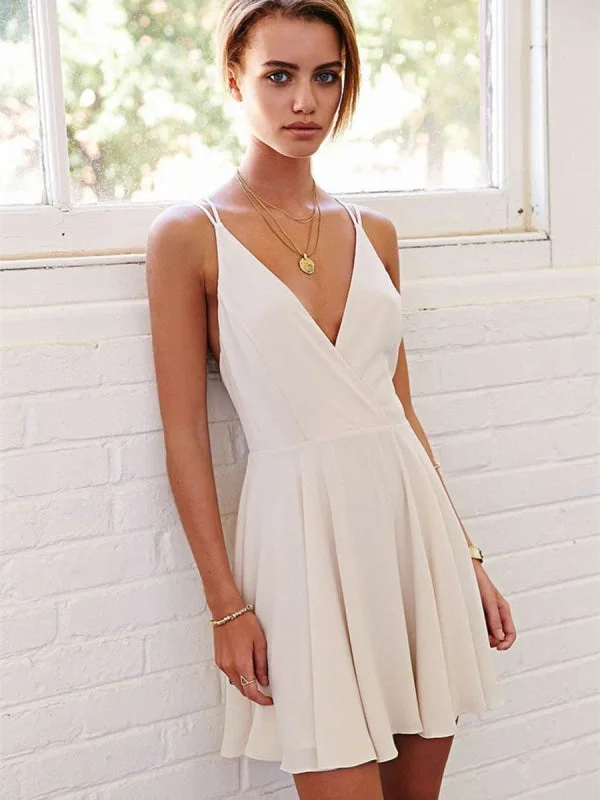 Cute V Neck Ivory Short Prom, Ivory Homecoming, Formal