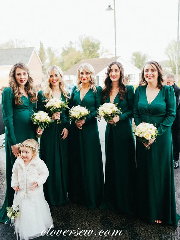 Dark Green Long Sleeves Pleating Column Elegant Bridesmaid Dresses, CB0255