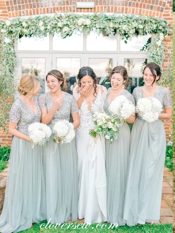 Dusty Blue Seuqined Top Short Sleeves Tulle A-line Bridesmaid Dresses, CB0253