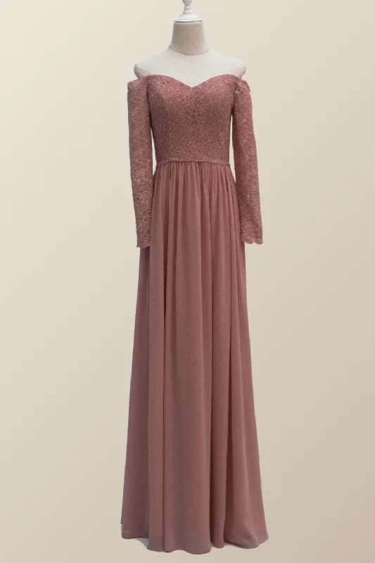 Dusty Rose Lace Long Sleeves Long Bridesmaid Dress