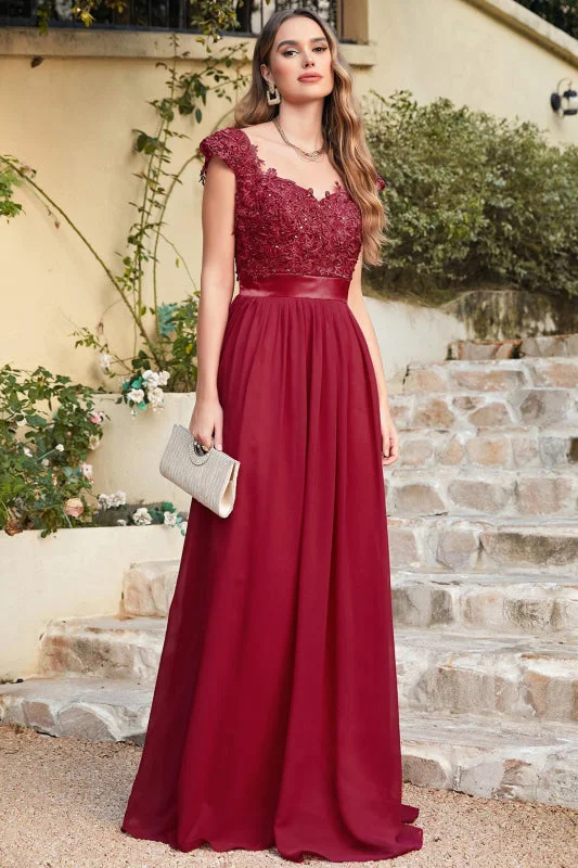 Elegant Cap Sleeves Lace Beadings Evening Dress Ruched Chiffon A-line Formal Dress