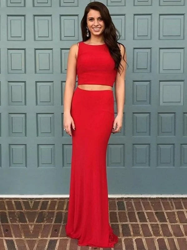 Elegant Mermaid Two Pieces Round Neck Red Long Prom with Ruffles Sweep Train, Mermaid Red Formal, Red Evening