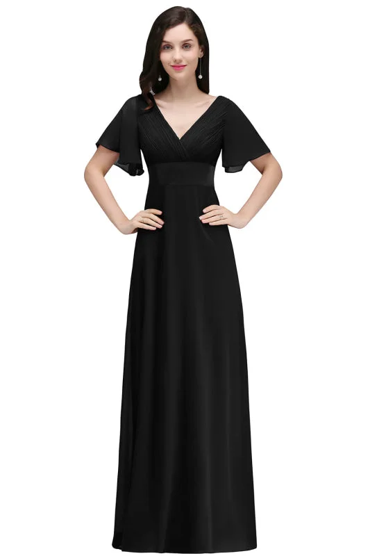 Elegant Puffy Sleeves Chiffon Aline Bridesmaid Dresses V-Neck Floor Length Evening Dress