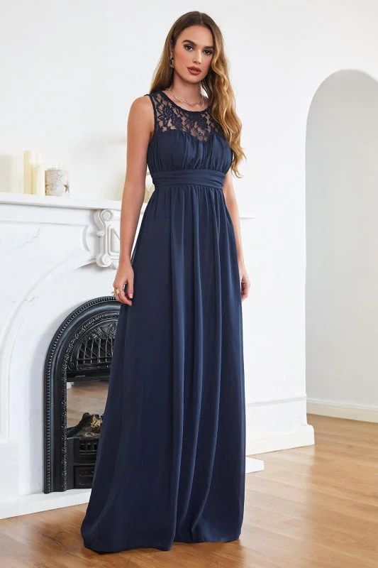 Elegant Round Neck Chiffon Formal Dress Sleveless Aline Evening Dress Floor Length